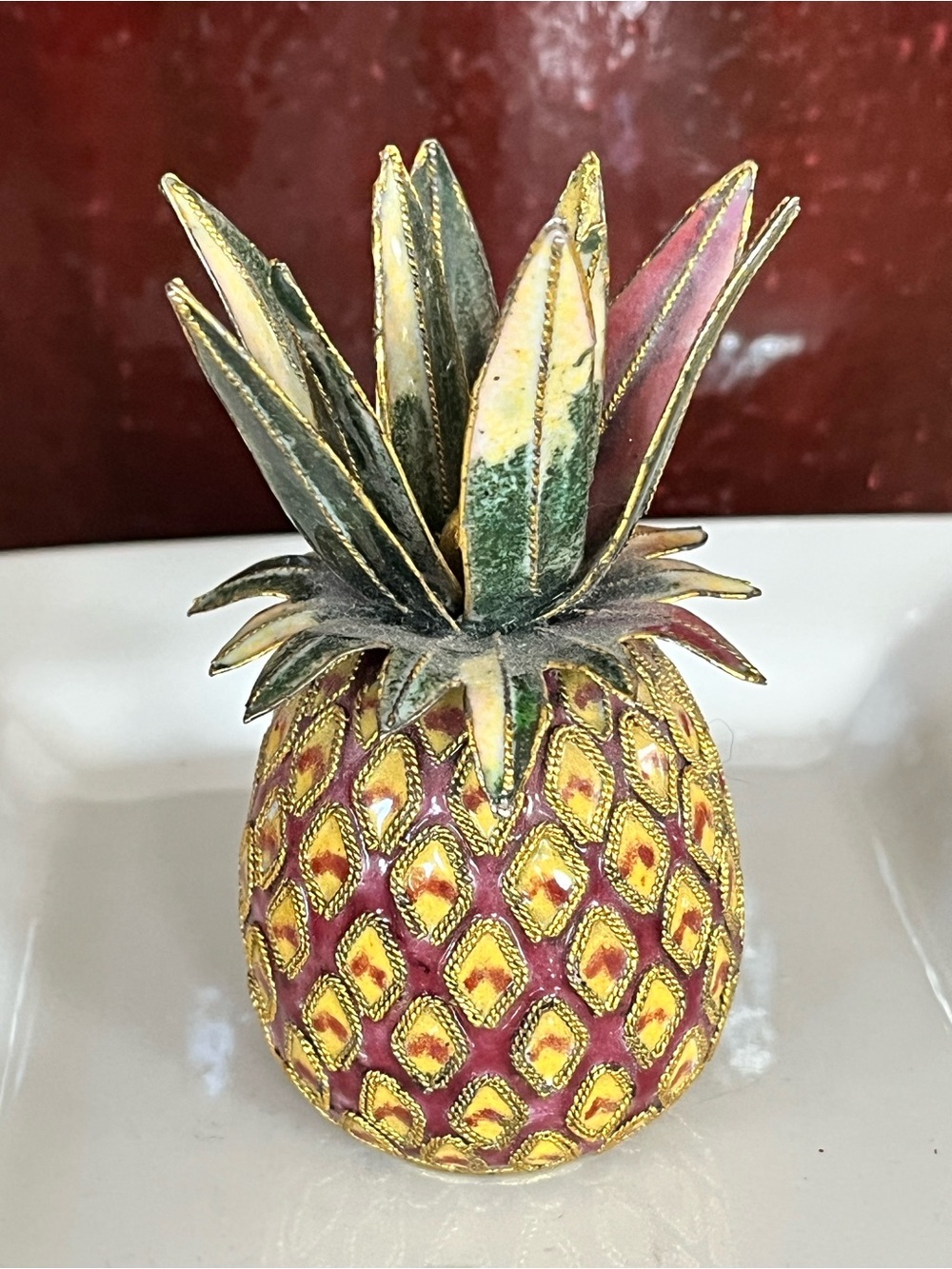 Vintage 4”. Cloisonné Enamel Pineapple Figurine in Gold, Pink, Green